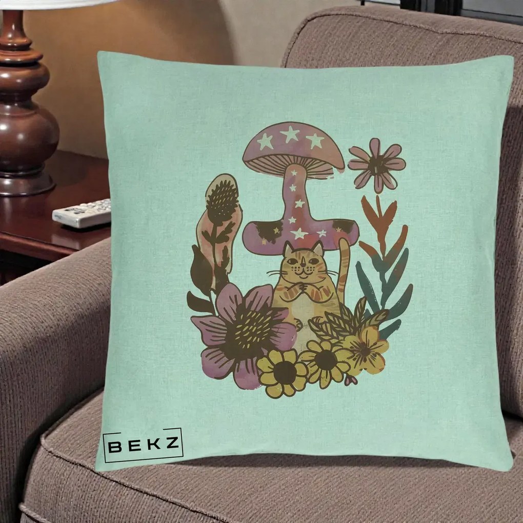 Perna Decorativa Ciuperca Pisica Boho, 40x40 cm, Verde Menta, Husa Detasabila, Perna Inclusa, BEKZ®