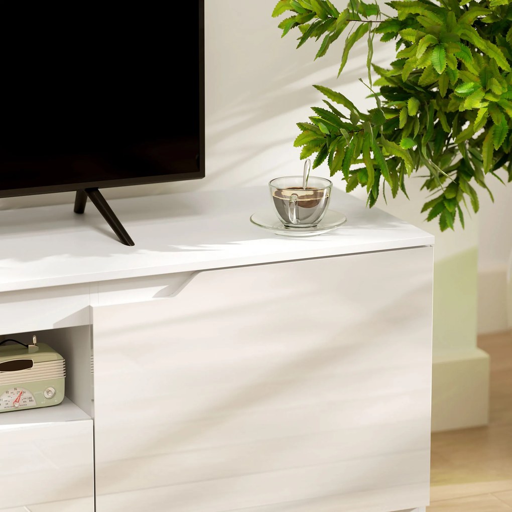 HOMCOM TV-Lowboard, lucios, pentru televizoare de până la 65 de inch, 3 făcuturi, sertar, 160 x 38 x 43 cm, Alb | Aosom Romania