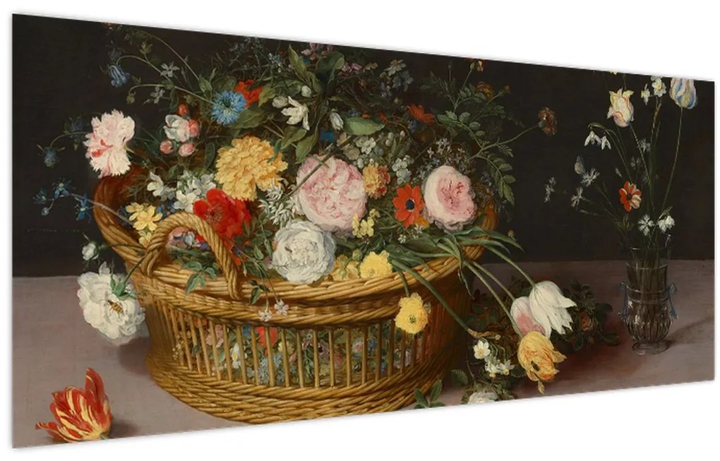 Tablou - Jan Brueghel the Elder, Flowers in a Basket and a Vase, reproducere (120x50 cm)