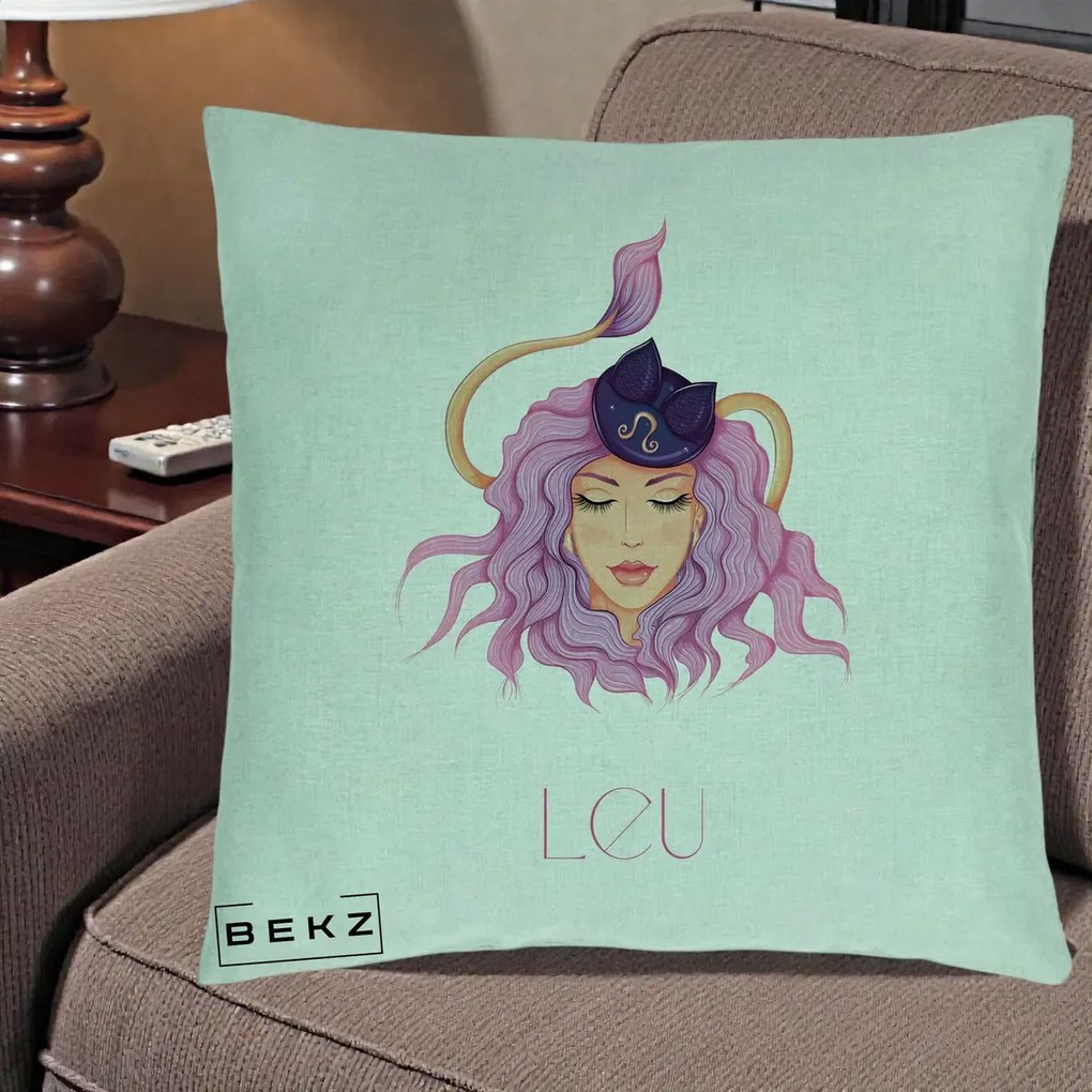 Perna Personalizata Zodie Leu, 40x40 cm, Verde Menta, Husa Detasabila, Perna Inclusa, BEKZ®