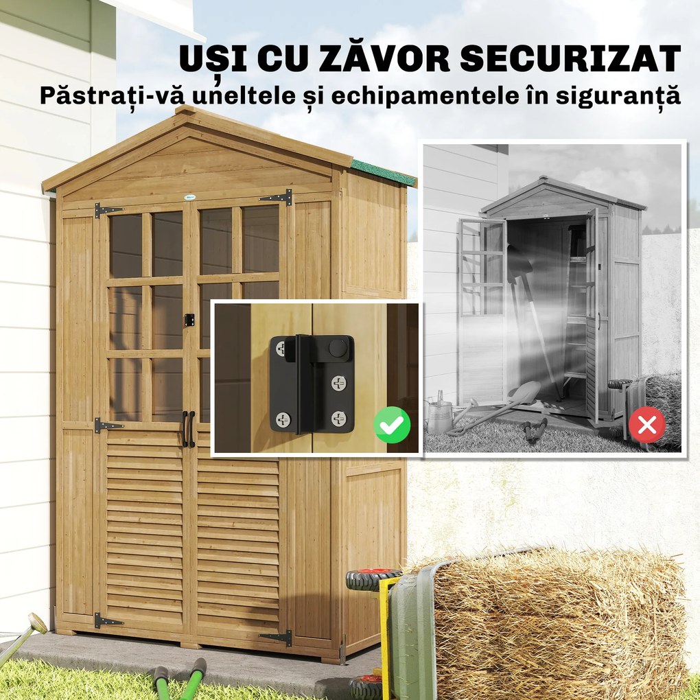 Outsunny Dulap de Grădină din Lemn de Brad cu Rafturi și Ferestre din Acril, Căsuță Depozitare Unelte Exterioare cu Acoperiș Asfaltat, Uși Blocabile, 128x57.5x197 cm, Maro Deschis | Aosom Romania