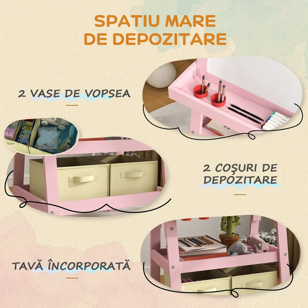 AIYAPLAY Tablă de Desen Dublă Pentru Copii 3-6 Ani, 59x48x118 cm, Roz | Aosom Romania