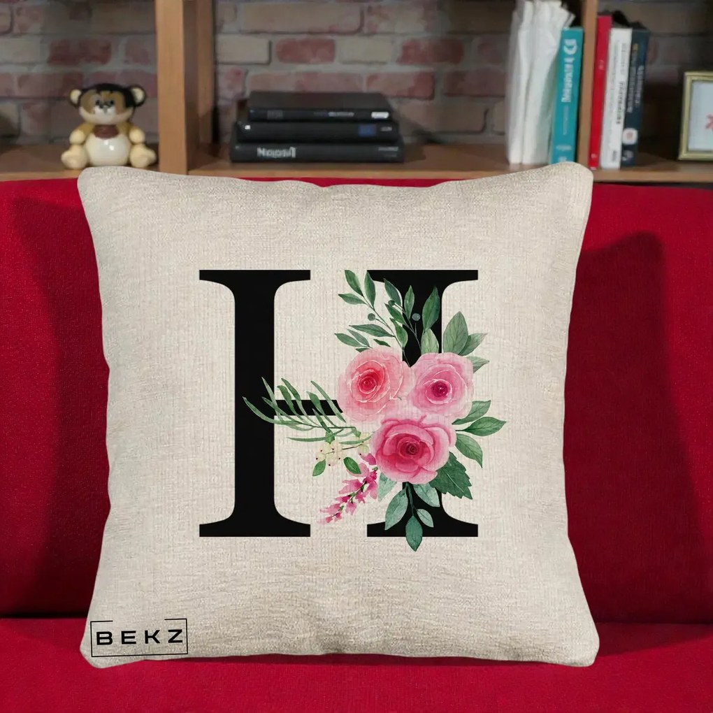 Cadou Personalizat - Perna Personalizata Monograma Florala Litera H cu Trandafiri Roz, 40x40 cm, Bej Canapea, Husa Detasabila, Perna Inclusa, BEKZ®