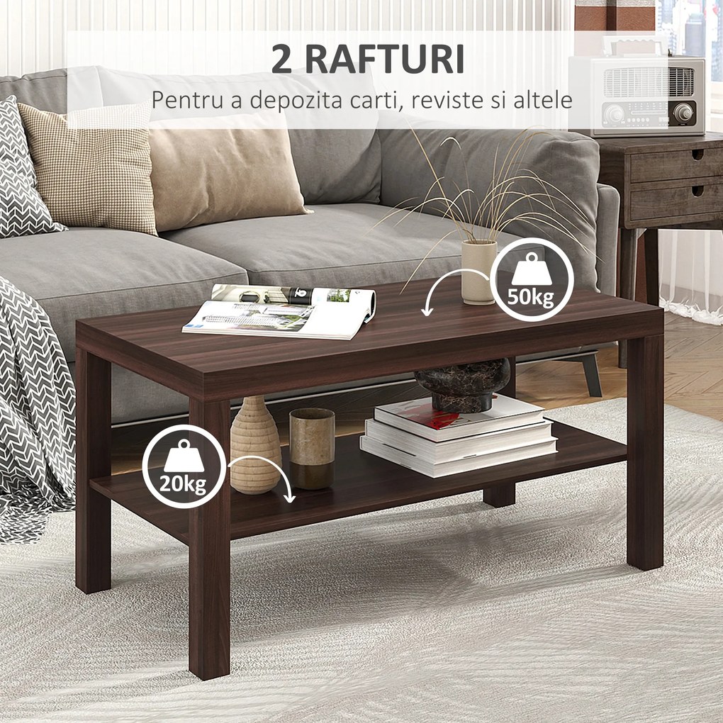 HOMCOM Măsuță de Cafea Rectangulară Clasică cu Raft Spațios de Depozitare din Lemn 90×45×44.5cm | Aosom Romania