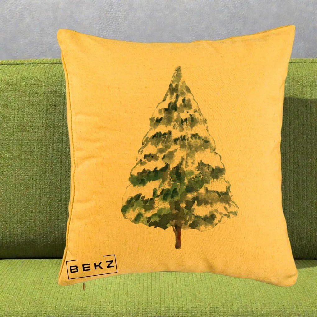 Perna Decorativa cu tematica de Craciun, Brad 2, 40x40 cm, Galben, Husa Detasabila, Perna Inclusa, BEKZ®