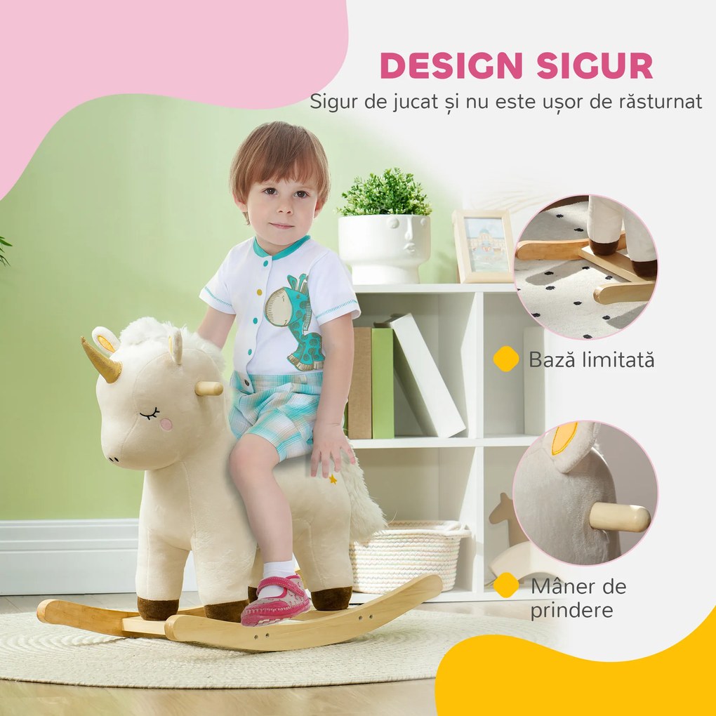 AIYAPLAY Cal Balansoar pentru Copii 2-4 Ani în Formă de Unicorn cu Sunete și Înveliș Moale, 63x33x56 cm, Alb | Aosom Romania