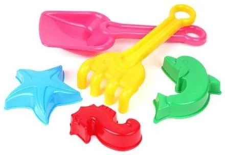 Set pentru nisip din plastic - lopata, greble, 3x forme