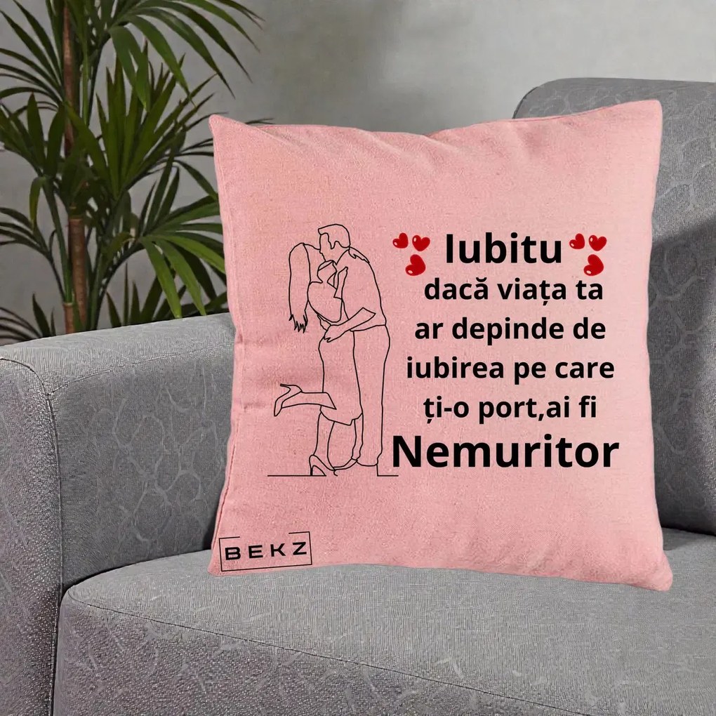 Cadou pentru Iubit - Perna Personalizata Iubitu Nemuritor cu Cuplu Line-Art si Inimi Rosii, 40x40 cm, Roz, Husa Detasabila, Perna Inclusa, BEKZ®