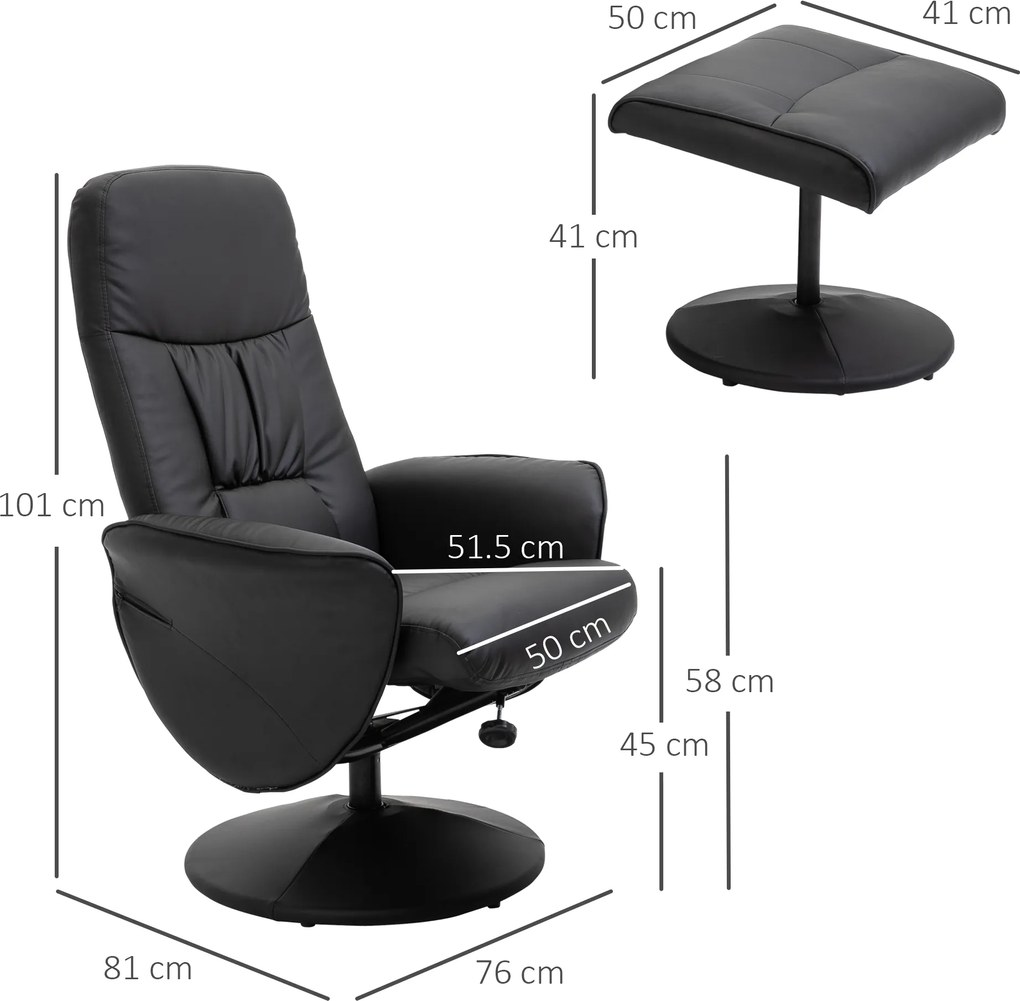 HOMCOM Fotoliu Relax Rotativ 360° din Metal și Piele Sintetică, cu Suport pentru Picioare, Spătar Reglabil, Negru | Aosom Romania