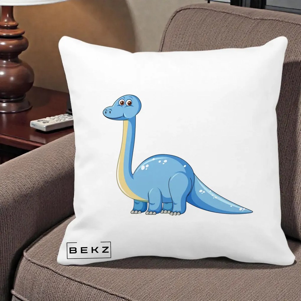 Perna Personalizata Brontosaur Albastru, 40x40 cm, Alba Mata, Husa Detasabila, Perna Inclusa, BEKZ®