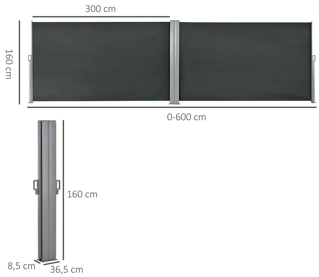 Outsunny Dublu Paravan lateral retractabil Brise-Vue paravent dim. 6L x 1,60H m Poliester Anti-UV Gri | Aosom Romania