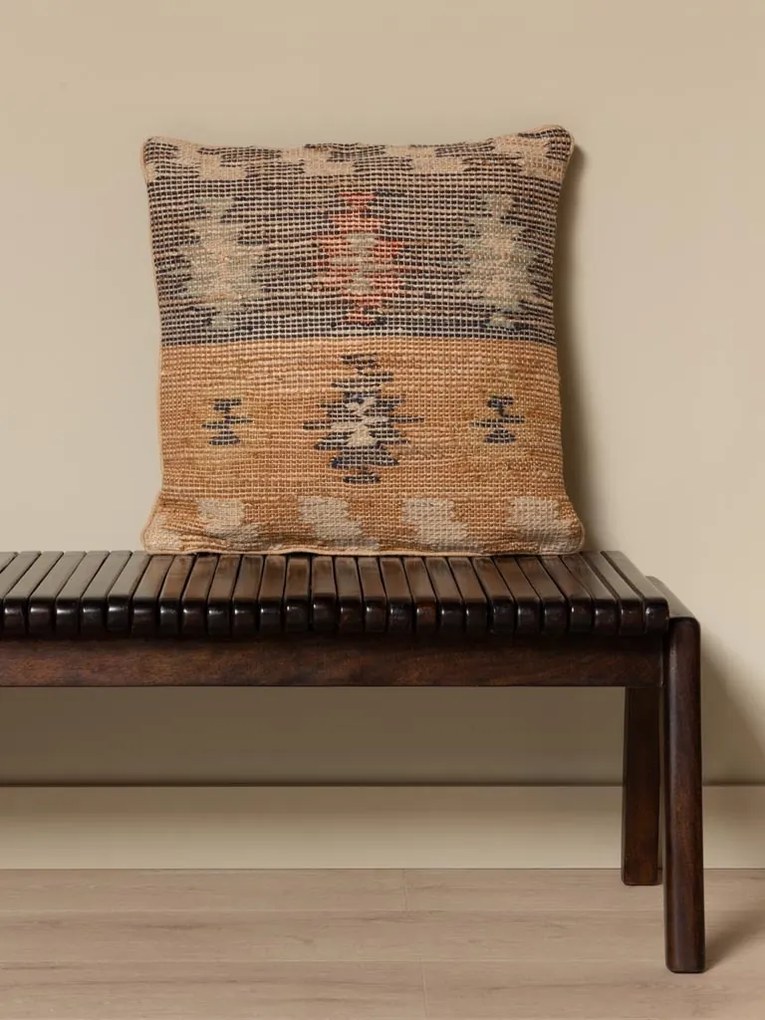 Pernă decorativă din lână și iută, multicolor, țesătură kilim în nuanțe de muștar și verde, finisaj artizanal, 50 x 50 cm, „Moutarde”