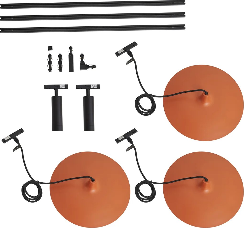 Sistem de iluminat pe șină modern negru cu 2 spoturi și 3 lumini suspendate portocalii monofazate - Slimline Uzzy Panzi