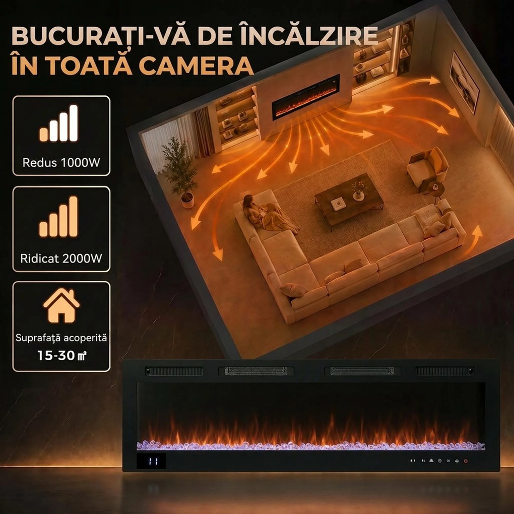 HOMCOM Șemineu Electric Încastrabil cu Flacără Independentă, 3 Moduri de Încălzire și Telecomandă, 152,4 x 9,4 x 47 cm, Negru | Aosom Romania
