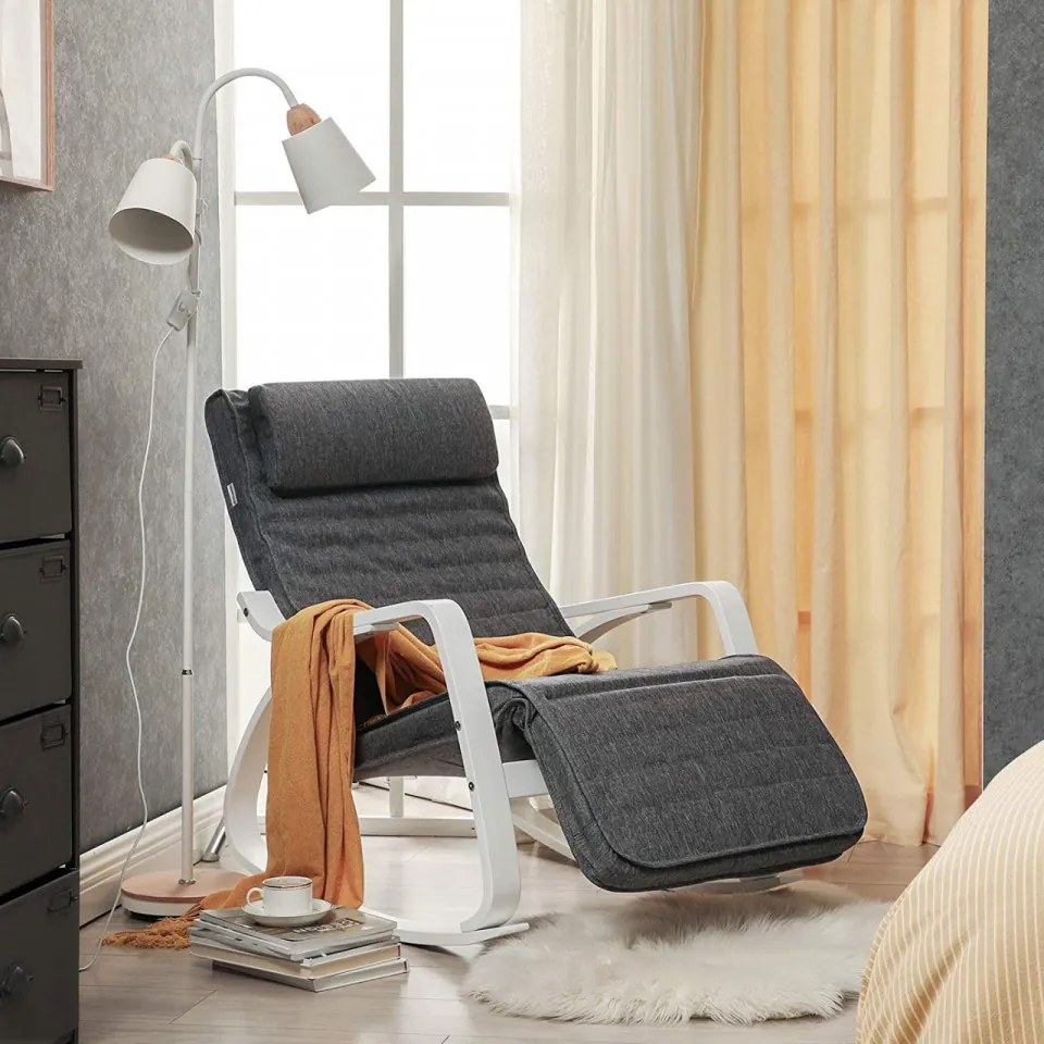 Fotoliu balansoar, lemn de mesteacan / textil, antracit / alb, Songmics