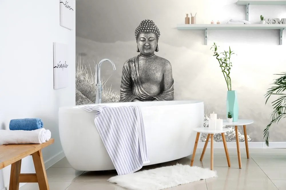 Tapet Buddha alb-negru în poziție meditativă