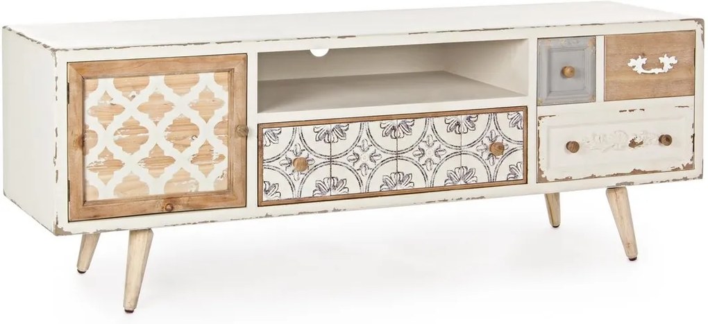 Comoda 1 sertar si 2 usi din lemn alb natur albastru antichizat Aurelie 150 cm x 40 cm x 54 h