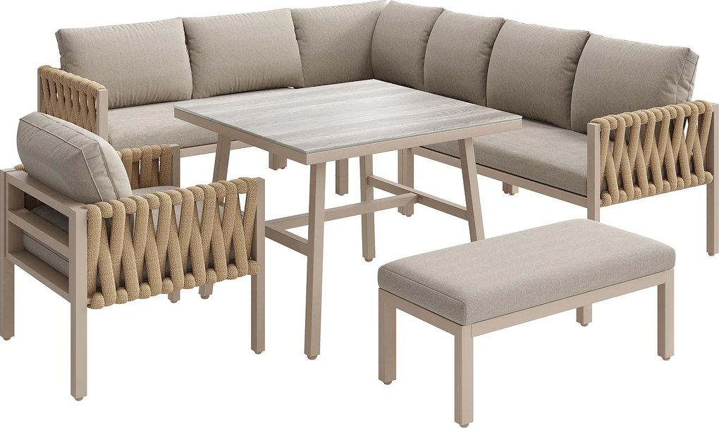 Set de mobilier de grădină cu canapea de colț și blat de masă din sticlă securizată, Bej | Aosom Romania