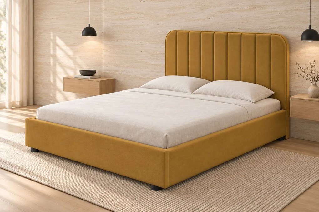 Pat tapițat din stofă Calista 180×200 cm, galben muștar, cu ladă de depozitare
