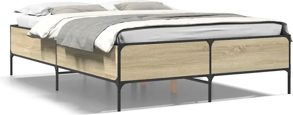 vidaXL Cadru de pat, stejar sonoma, 120x200cm, lemn prelucrat și metal