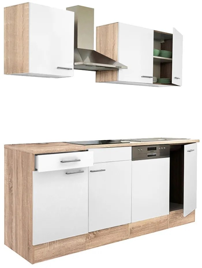 Mobilă de bucătărie Yorki 220, corp din stejar Sonoma, cu față alb satinat