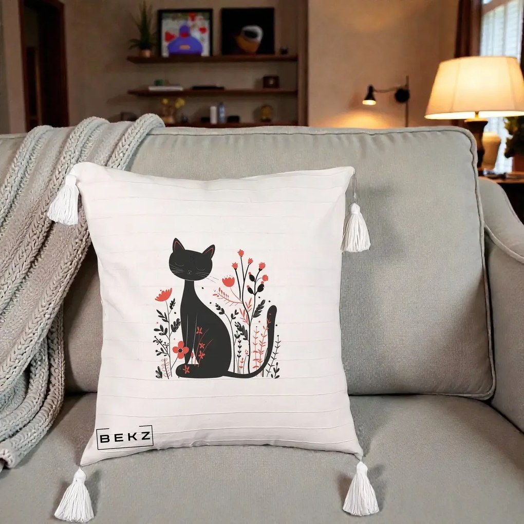Perna Decorativa Pisica Neagra Flori Rosii Folk Minimal, 40x40 cm, Bej cu Franjuri, Husa Detasabila, Perna Inclusa, BEKZ®