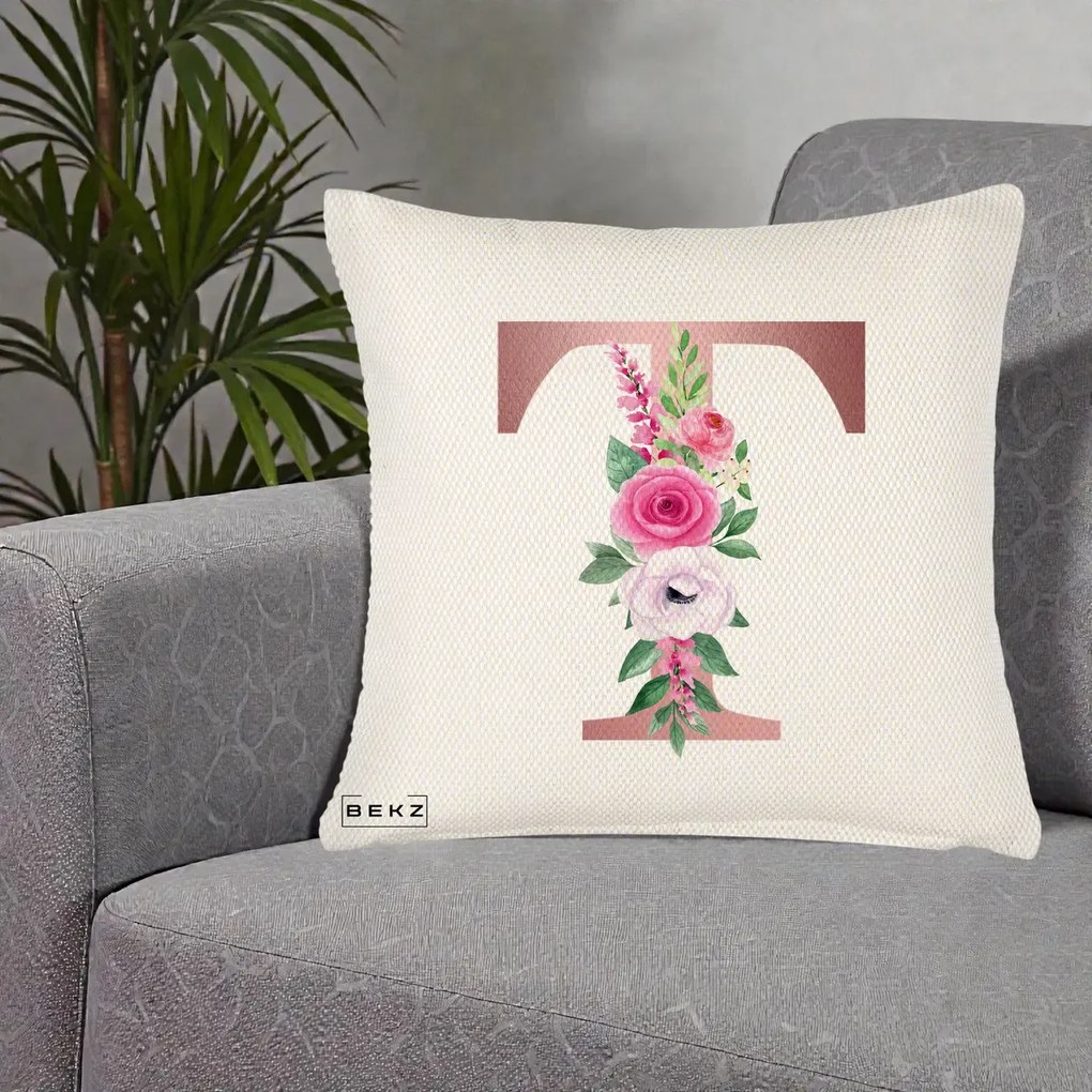 Cadou Personalizat - Perna Personalizata Monograma Rose Gold Litera T, 40x40 cm, Crem Reliefat, Husa Detasabila, Perna Inclusa, BEKZ®