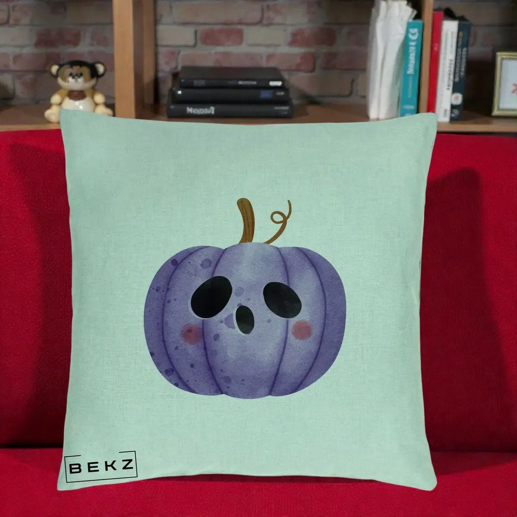 Perna Decorativa Dovleac Halloween Mov Kawaii, 40x40 cm, Verde Menta, Husa Detasabila, Perna Inclusa, BEKZ®