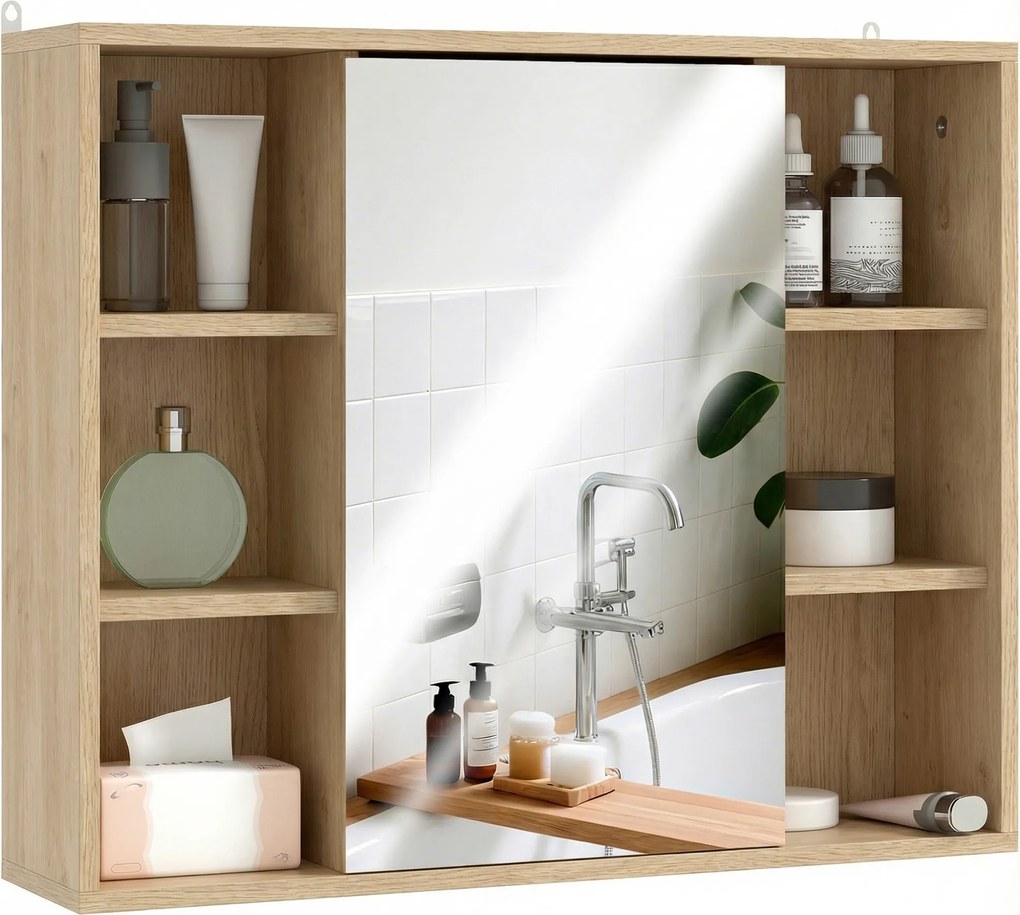 HOMCOM Mobilier de baie cu oglindă, dulap cu ușă și 6 compartimente deschise, 60 x 14,5 x 49,4 cm, lemn natural | Aosom Romania