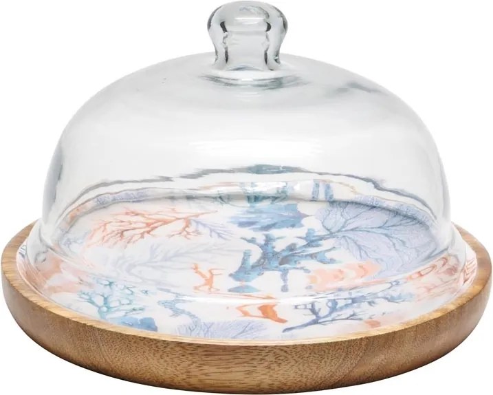 Tava pentru prajituri, din lemn de mango, cu capac din sticla, D23cm, Coral