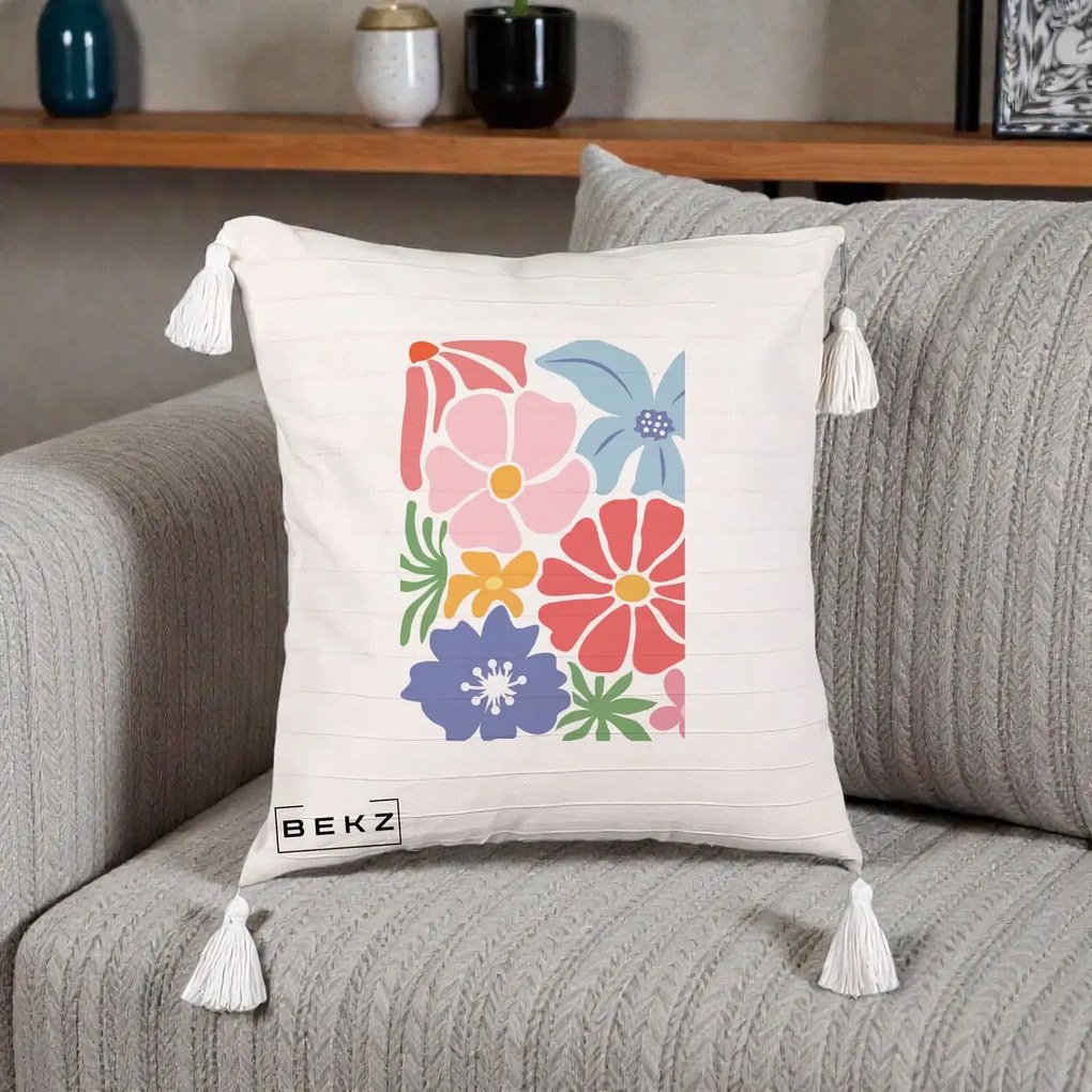 Perna Decorativa Flori Grafice Roz-Rosu-Albastru, 40x40 cm, Bej cu Franjuri, Husa Detasabila, Perna Inclusa, BEKZ®