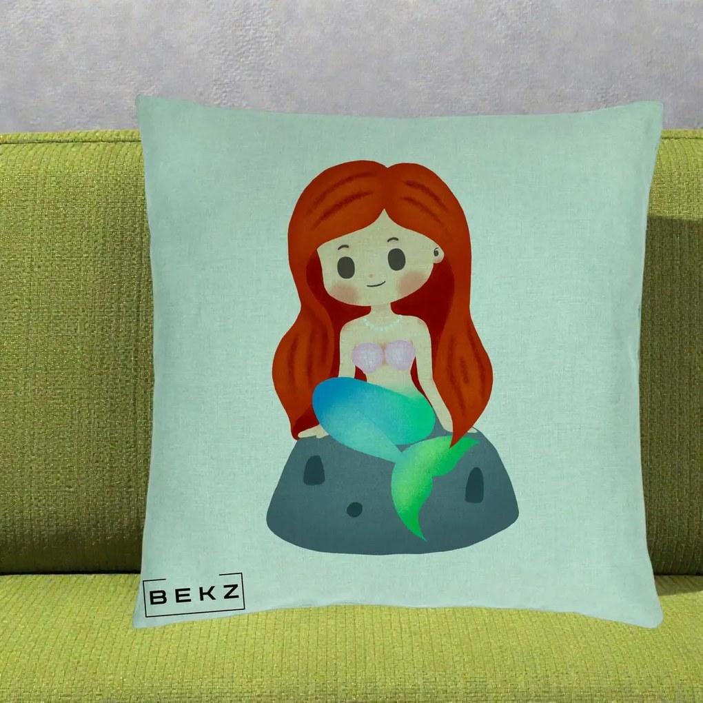 Perna Personalizata Sirena Kawaii Roscat, 40x40 cm, Verde Menta, Husa Detasabila, Perna Inclusa, BEKZ®