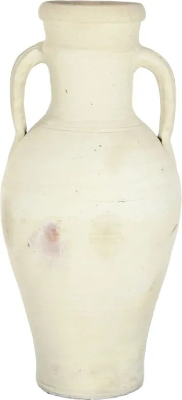 Vas decorativ amforă din teracotă artizanală, finisaj craft alb-crem, cu 2 anse, 40×40×100 cm, „Jerba"
