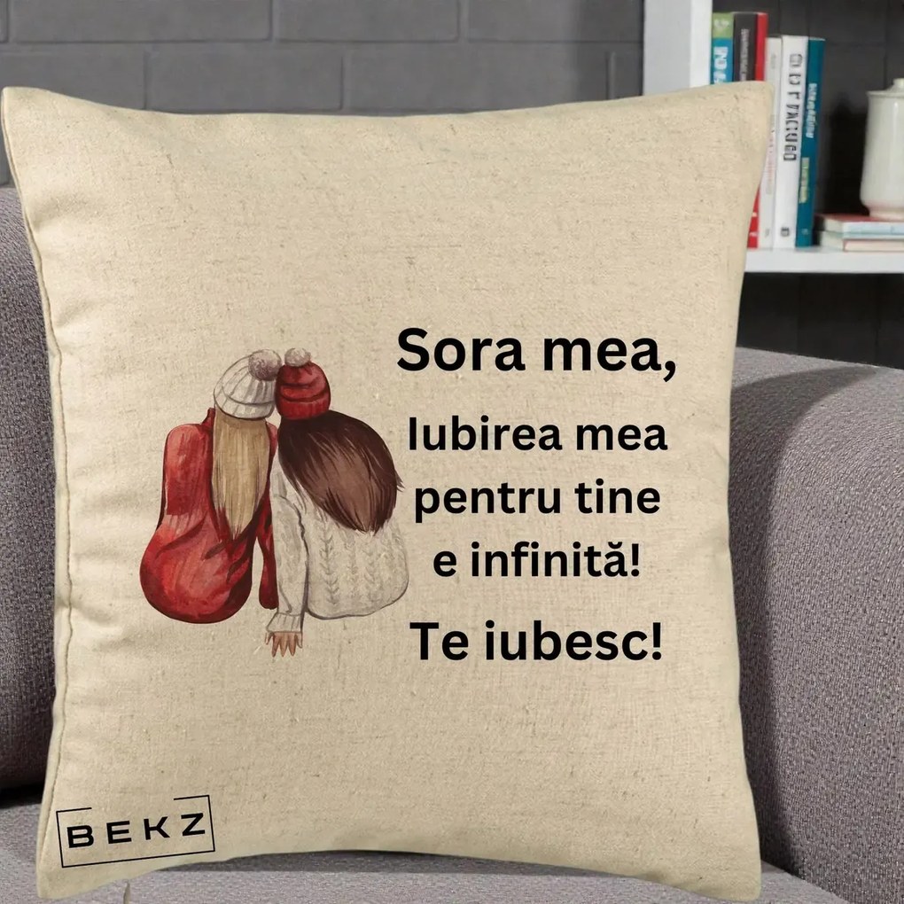 Cadou pentru Sora - Perna Personalizata Sora Mea Te Iubesc Doua Fete Iarna Acuarela, 40x40 cm, Bej, Husa Detasabila, Perna Inclusa, BEKZ®