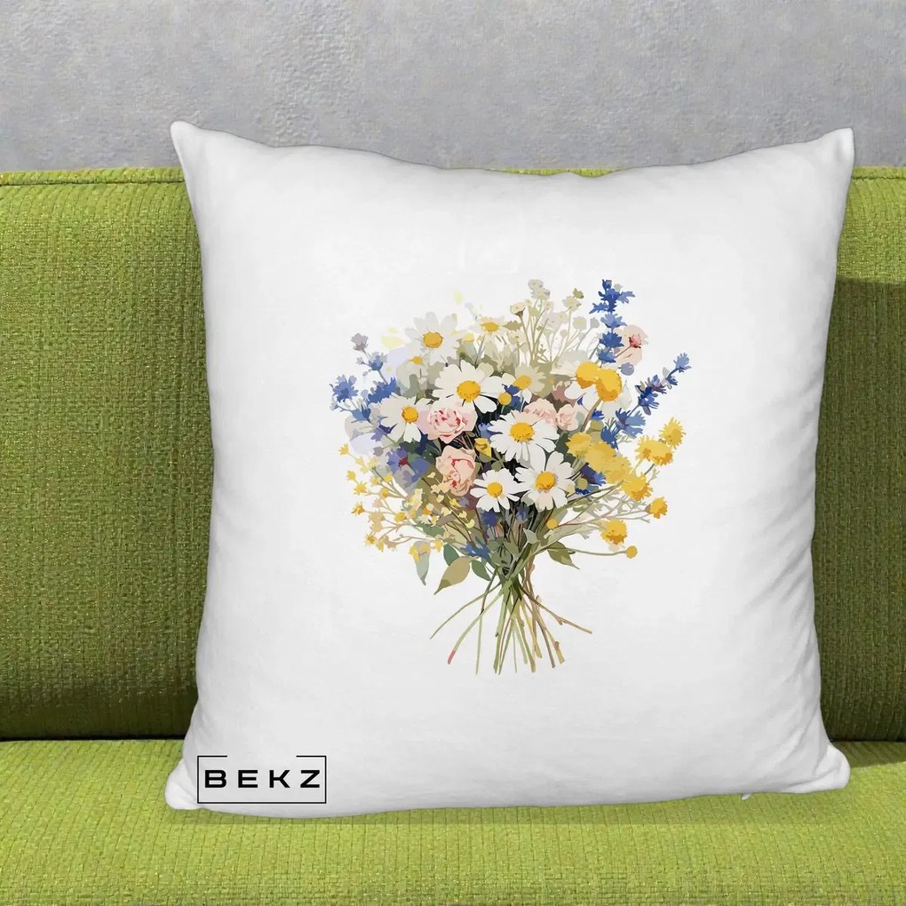 Perna decorativa cu flori: Buchet Camp Acuarela Margarete-Lavanda, 40x40 cm cu Umplutura, Alb Pufos, BEKZ