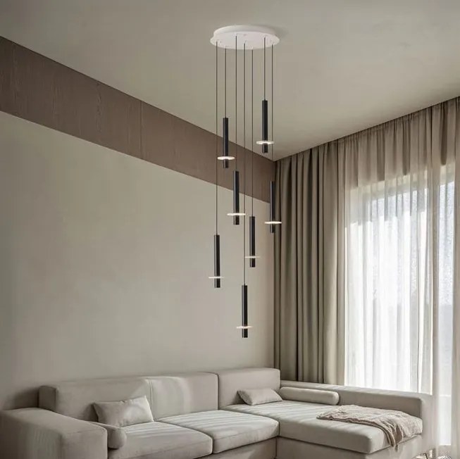 Lustra cu 7 Pendule tub subtire aluminiu negru si alabastru LED NOEMI