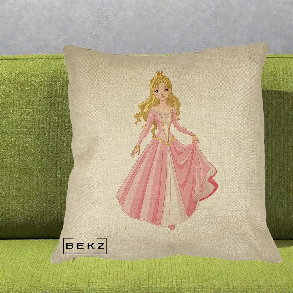 Perna Decorativa Printesa Aurora Rochie Roz, 40x40 cm, Crem, Husa Detasabila, Perna Inclusa, BEKZ®