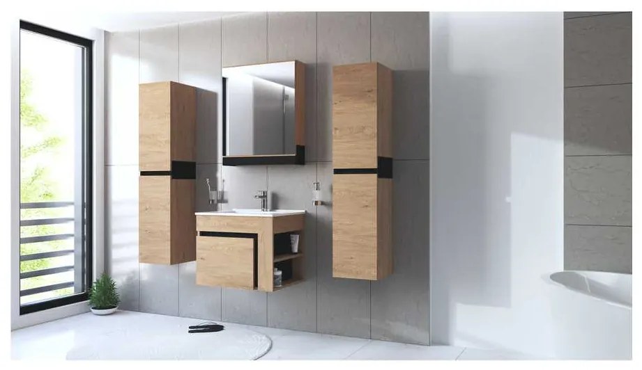 Dulap cu oglindă suspendat Stokes 60 cm, argint / stejar auriu