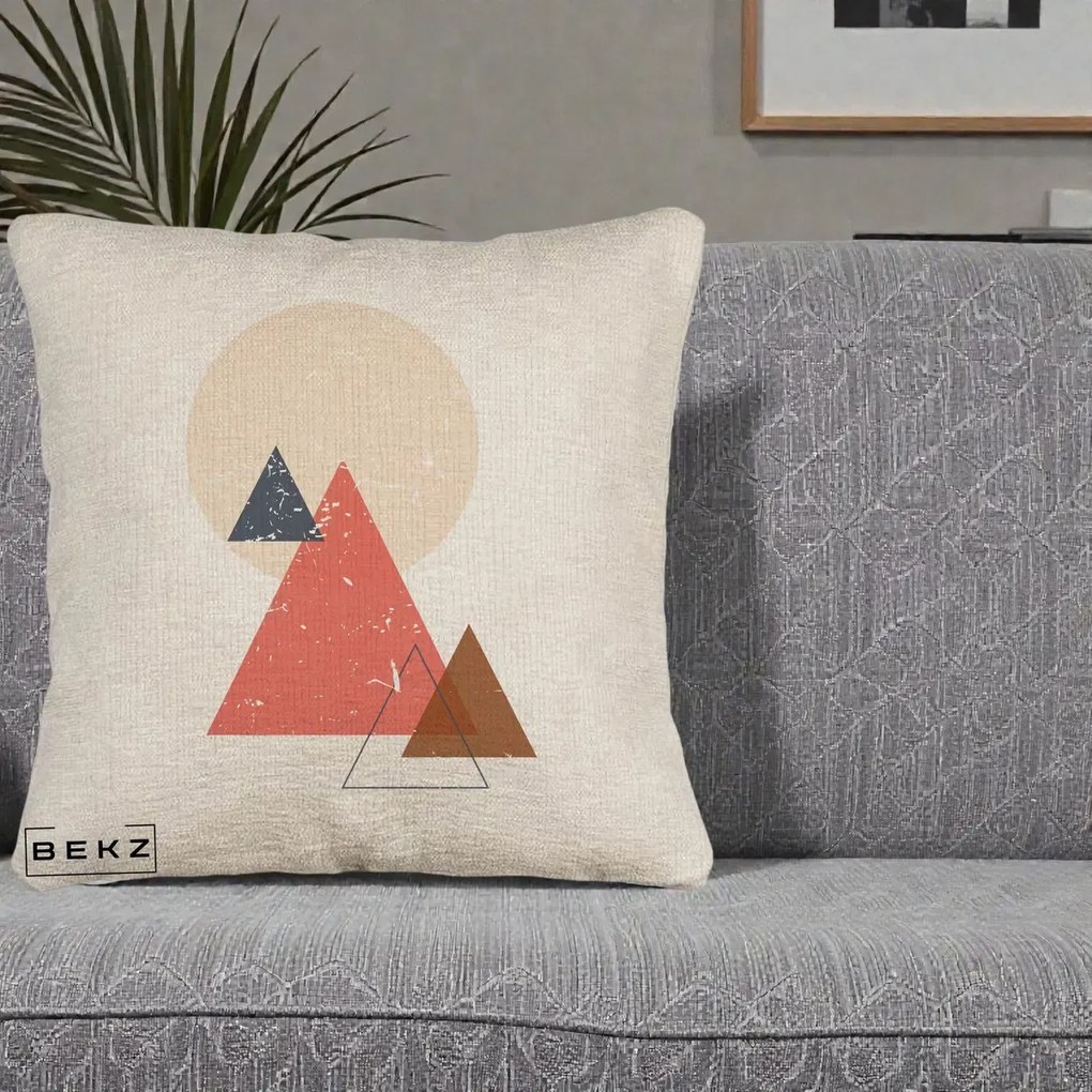 Perna Decorativa Geometric Munti si Soare, 40x40 cm, Bej Canapea, Husa Detasabila, Perna Inclusa, BEKZ®