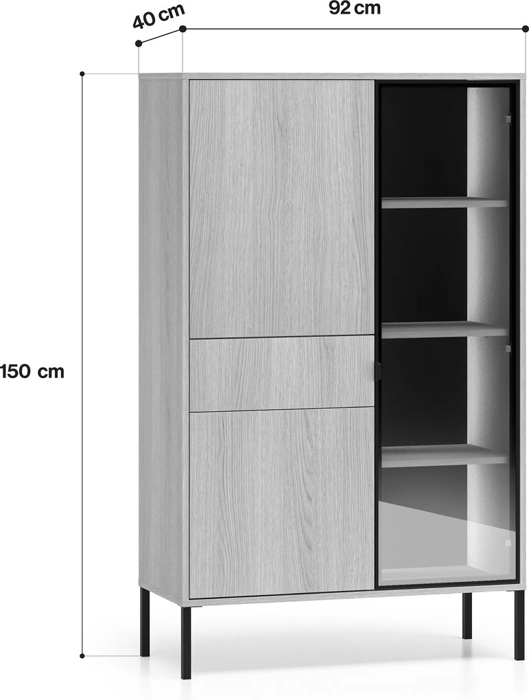 Vitrină înaltă cu sertar Harmona 92 cm cu iluminare - stejar lindberg