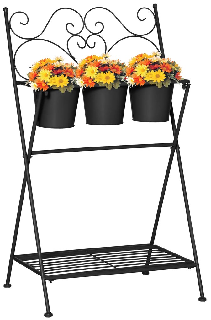 Outsunny Suport Metalic Pliabil pentru Plante, 3 Ghivece Incluse, Design Compact, 47x37x78.5 cm, Negru | Aosom Romania