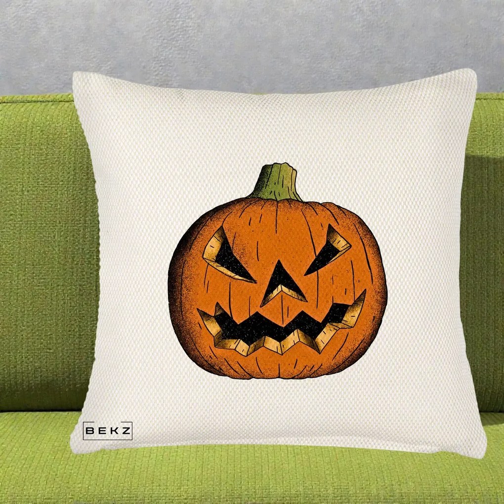 Perna Decorativa Halloween Dovleac Portocaliu Clasic, 40x40 cm, Crem Reliefat, Husa Detasabila, Perna Inclusa, BEKZ®
