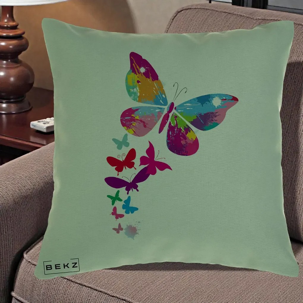 Perna Decorativa Fluturi Splash, 40x40 cm, Verde, Husa Detasabila, Perna Inclusa, BEKZ®