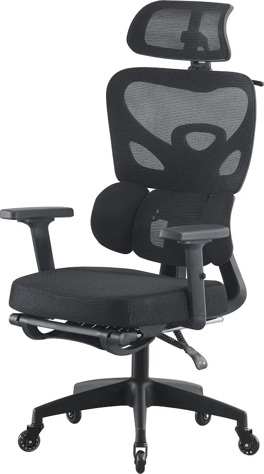 Scaun ergonomic, Suport Lombar 3 Zone Dinamice, Spătar ajustabil pe inaltime, cotiere 3D, tetiera 3D, suport pentru picioare, umeras, pivotant, Mesh, Negru