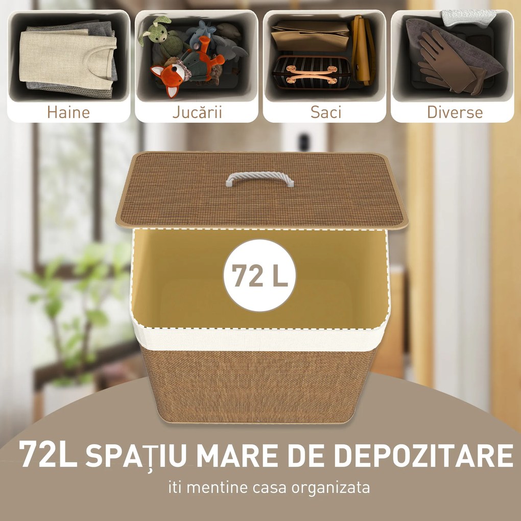 HOMCOM Coș de Rufe 72L cu Capac din Bambus și Sac Detașabil | Aosom Romania