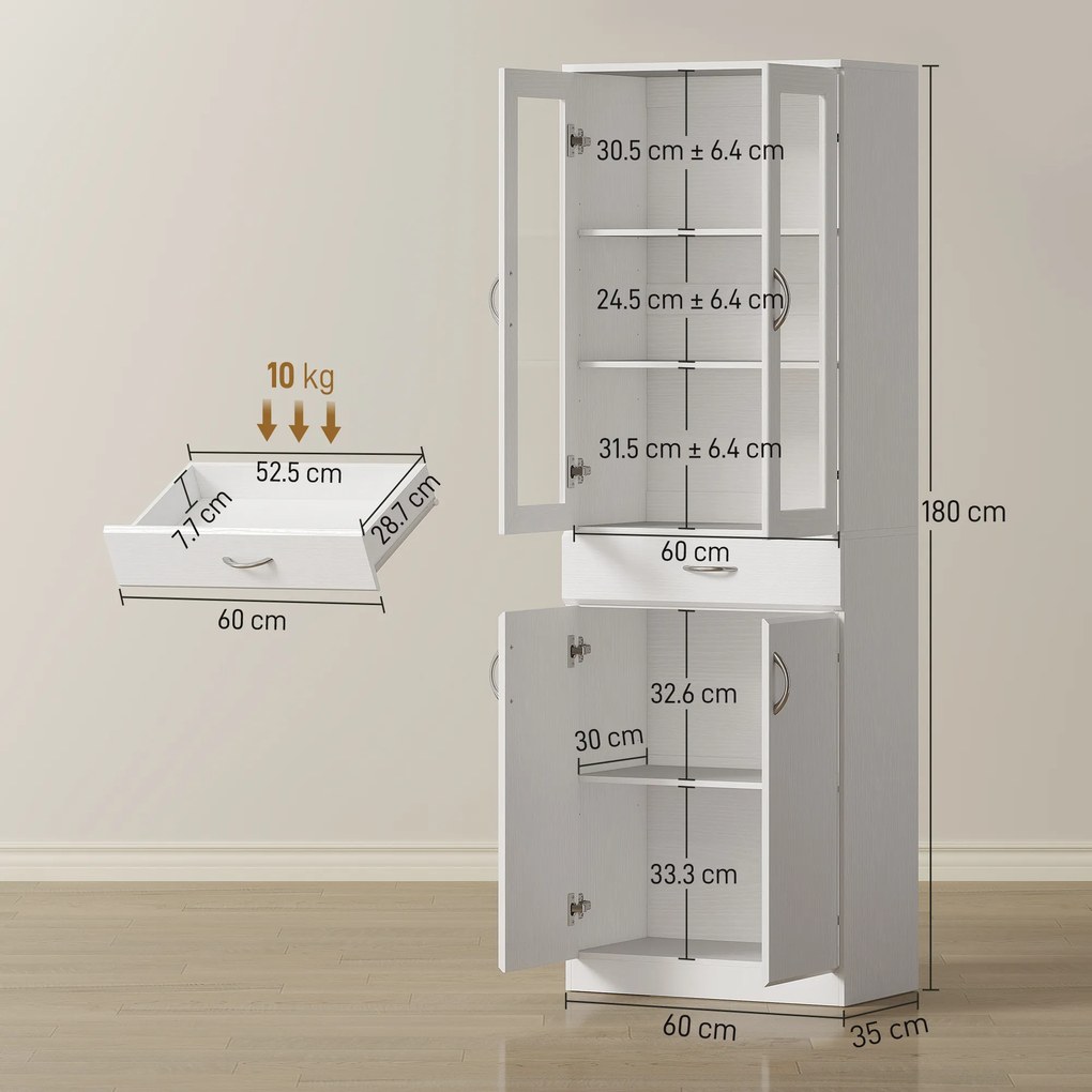 HOMCOM Dulap de Bucătărie Înalt 180 cm cu Uși din Sticlă Soft-Close, Sertar și 2 Dulapuri, Polițe Reglabile, Alb | Aosom Romania