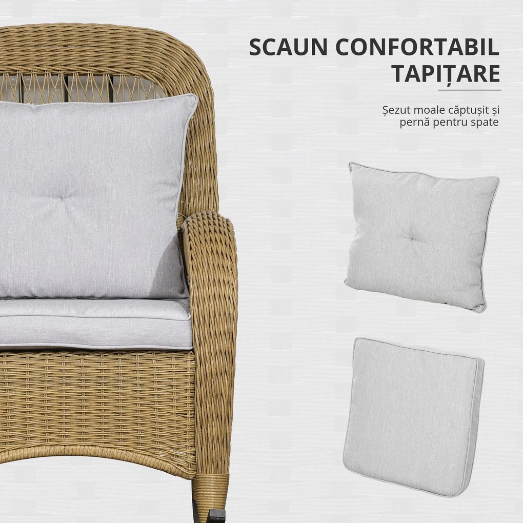 Outsunny fotoliu-balansoar în stil boho, PE-rattan, fotoliu-balansoar din rattan, huse perne lavabile, Natural + Gri deschis | Aosom Romania
