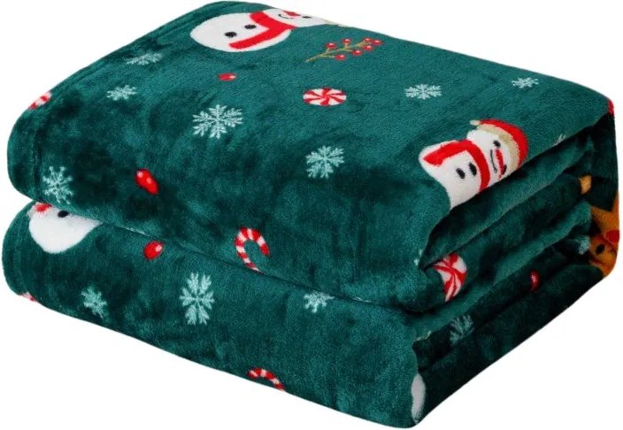 Patura microplus de Craciun SNOWMAN AND GINGERBREAD verde Dimensiuni: 150 x 200 cm