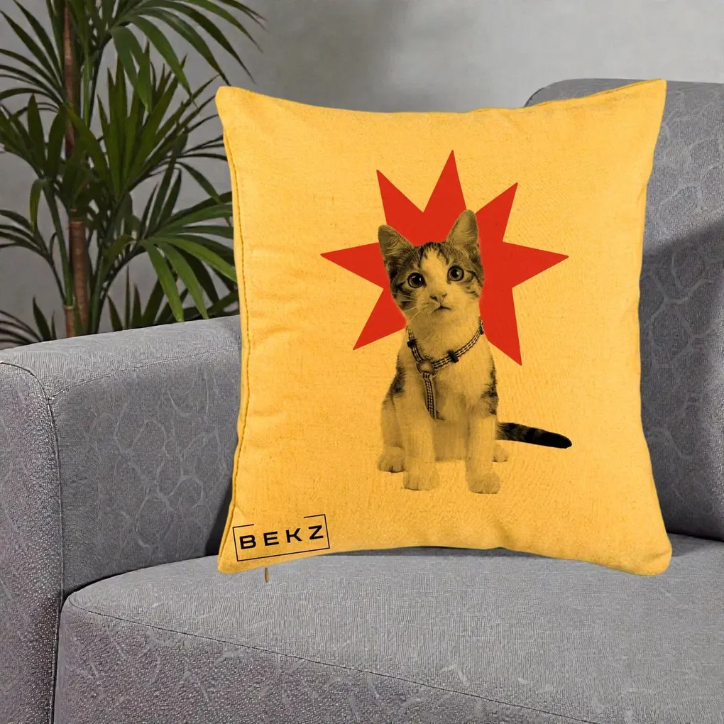 Perna Decorativa Pisica Star Pop Art, 40x40 cm, Galben, Husa Detasabila, Perna Inclusa, BEKZ®