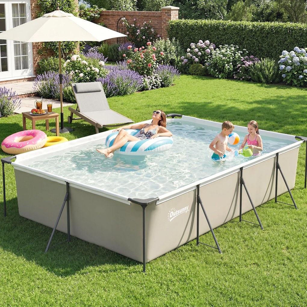 Outsunny Piscină Demontabilă Tubulară 394,5x208,3x80,5 cm 6075 L cu Cadru Metalic Plasture de Reparare fără Pompă de Filtrare Gri | Aosom Romania